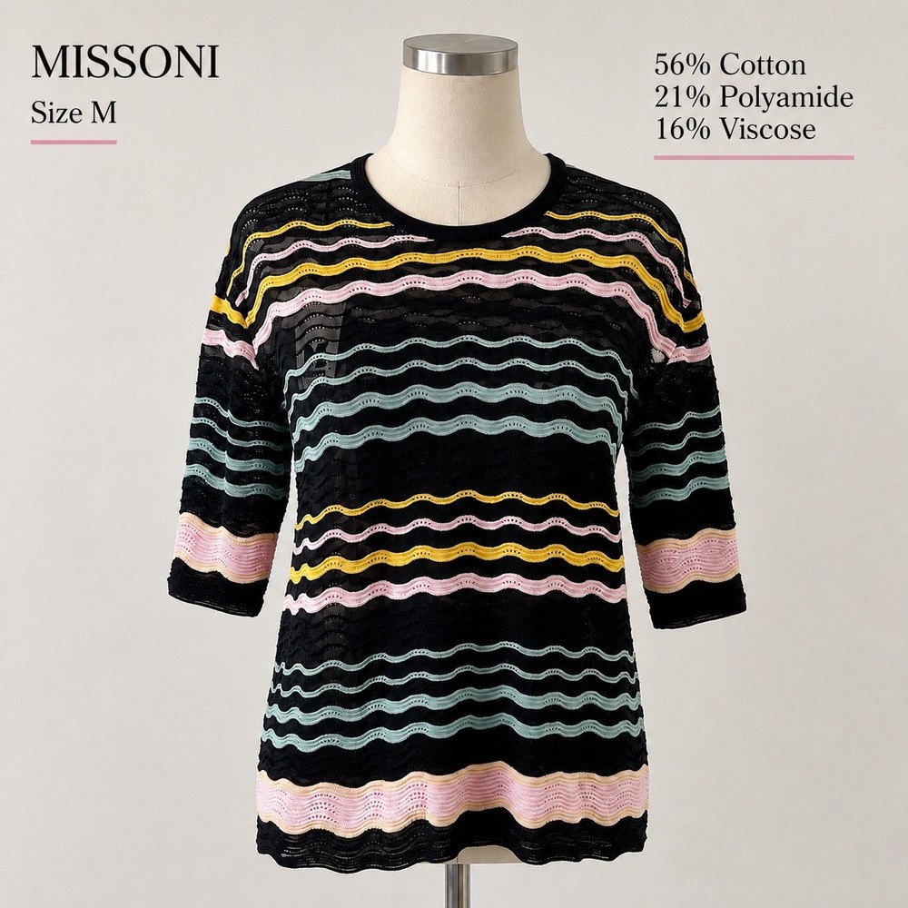 Missoni M Wave Knit Cotton Blend Tunic Sweater Top IT 42 US M Black Pastel NWT